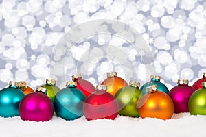 Many colorful Christmas balls background decoration snow winter