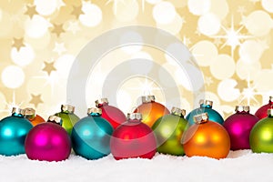 Many colorful Christmas balls background decoration stars snow w