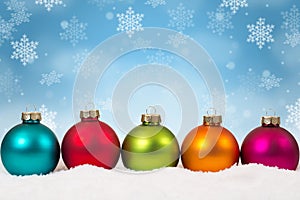 Many colorful Christmas balls baubles background decoration snowflakes winter copyspace