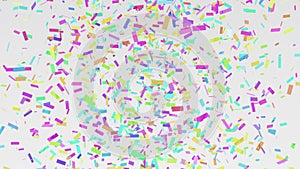 Many colorful confetti falling down above a bright white background. concept of new year or birthday celebrating