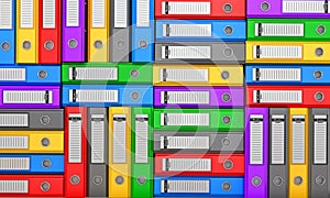 Many colorful folders stacked in a row.