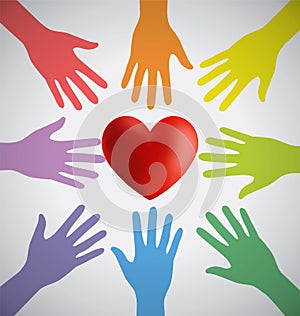 Many Colorful Hands Surrounding A Red Heart photo