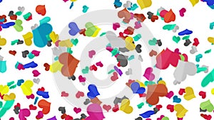 Many colorful hearts floating in air on white background. Heart icons explosion illustration. Childhood education concept.