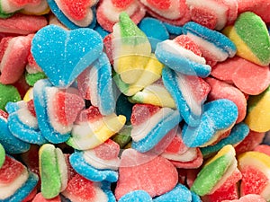 Many colorful jelly beans sweets background. Gumdrops candies with sugar crystallized