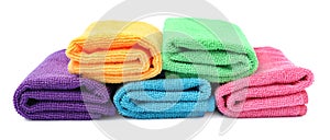 Many colorful microfiber cloths on white background