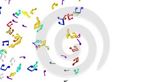 Many colorful musical notes floating in air on white background. Music score illustration. Education concept. 3D loop animation.