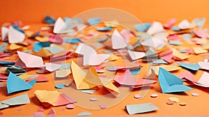 Many colorful paper confetti over orange background