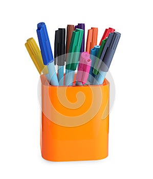 Many colorful pencils in orange holder isolated. School stationery