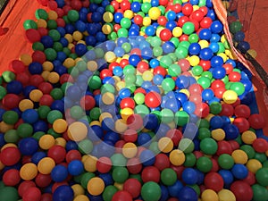 Many colorful plastic balls in a kids` ball. Stock photo