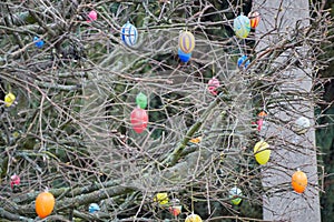 plastic Easter eggs hanging on a bush