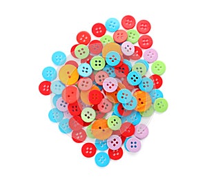 Many colorful plastic sewing buttons isolated, top view
