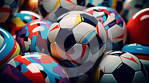 Many colorful soccer balls are arranged in a group, AI