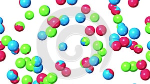 Many colorful sphere floating in air on white background. Glossy abstract symbol. Color changes to get wet. 3D loop animation.