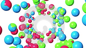 Many colorful sphere floating in air on white background. Glossy abstract symbol. Color changes to get wet. 3D loop animation.