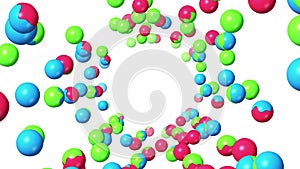 Many colorful sphere floating in air on white background. Glossy abstract symbol. Color changes to get wet. 3D loop animation.