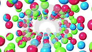 Many colorful sphere floating in air on white background. Glossy abstract symbol. Color changes to get wet. 3D loop animation.