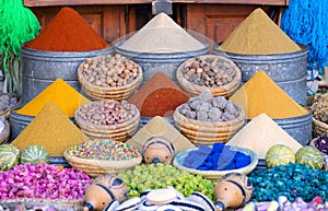 many colorful spices on a street shop in marrakech, morocco