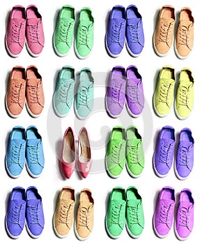 Many colorful sporty sneaker shoes with an elegant high heels on white background