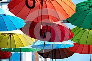 many colorful umbrellas fly and hover on the city street