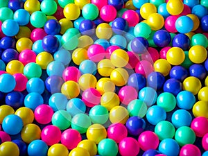 Many colour plastic balls, children`s party, a games room, a box filled with small colored balls