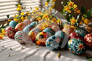 Many colourful Easter eggs lie on a white crumpled tablecloth.