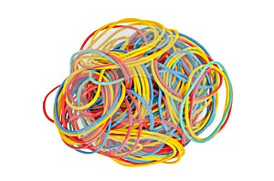 Many colourful multi coloured elastic rubber bands on white background