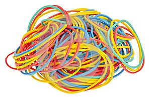 Many colourful multi coloured elastic rubber bands on white background