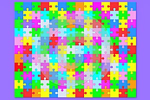 Many connected colorful puzzle jiggle pieces on violet background
