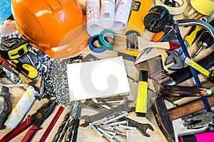 Many construction tools, construction composition tool suitcase, work plan, power tools, building.