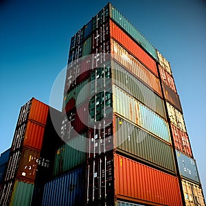 many container on large cargo ship, very high details, daylight, clear sky. AI Generated, Generative AI