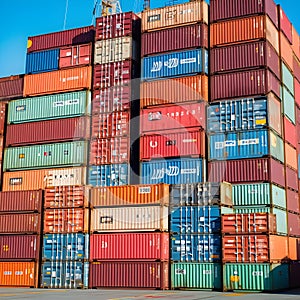 many container on large cargo ship, very high details, daylight, clear sky. AI Generated, Generative AI