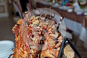 Roasted meat over an open fire, cooked in a special way.Barbecue is prepared of lamb or sheep meat and processed by