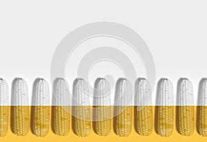 Many corn cobs lie in a row on a yellow and white cross section background. Creative idea, decorative conceptual composition. Mode