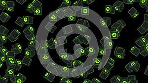 Many cubes with green power button icon floating on black background. Digital business concept. Start up. Loop.