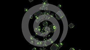 Many cubes with green power button icon floating on black background. Digital business concept. Start up. Loop.