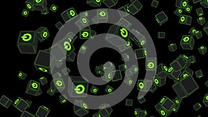 Many cubes with green power button icon floating on black background. Digital business concept. Start up. Loop.