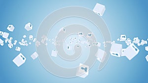 Many cubes with people floating on blue background. Remote project concept. Business symbol of online meeting. Loop animation.