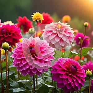 Many Dahlia flowers with rain drops, in rustic garden