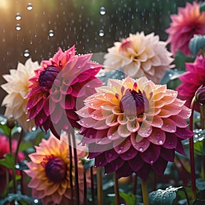 Many Dahlia flowers with rain drops, in rustic garden