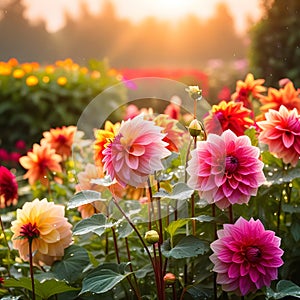 Many Dahlia flowers with rain drops, in rustic garden