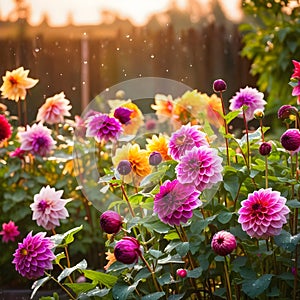 Many Dahlia flowers with rain drops, in rustic garden