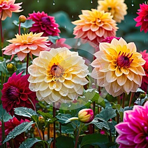 Many Dahlia flowers with rain drops, in rustic garden