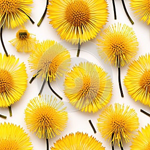 Many Dandelion Flowers on White Background. Beautiful Yellow Blossoms Close Up and Top View