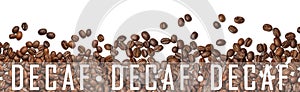 Many decaf coffee beans on white background, top view. Banner design