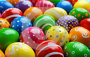 Many decorated Easter eggs as background