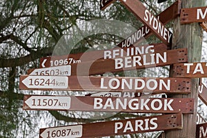 Many destinations sign wood pole