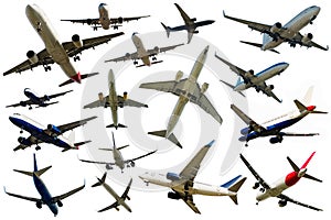 Many different aeroplanes on a clean white background