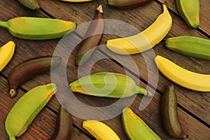 Many different bananas on wooden table, flat lay