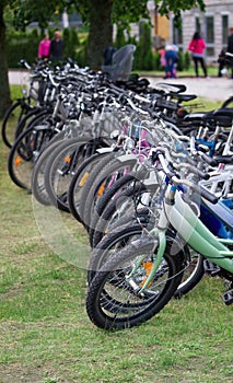 Many different bikes are available for rent on the grass in the resort