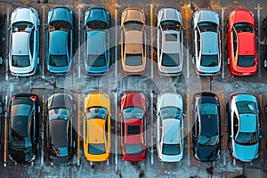 many different cars standing in rows in the parking lot, top aerial view